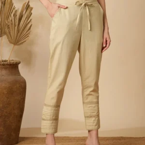 Beige Cotton Linen Straight Pants